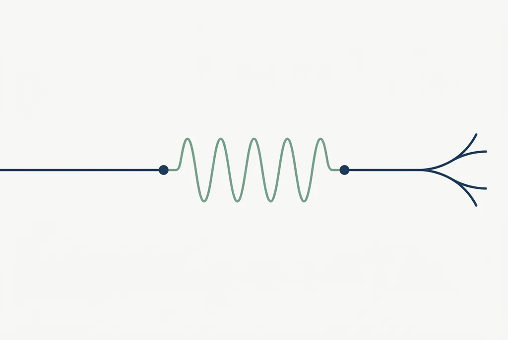 Ilustração abstrata de uma linha azul horizontal que se ramifica em duas pontas e, no trecho central, se transforma em uma onda verde, representando de forma esquemática o registro de um sinal elétrico.