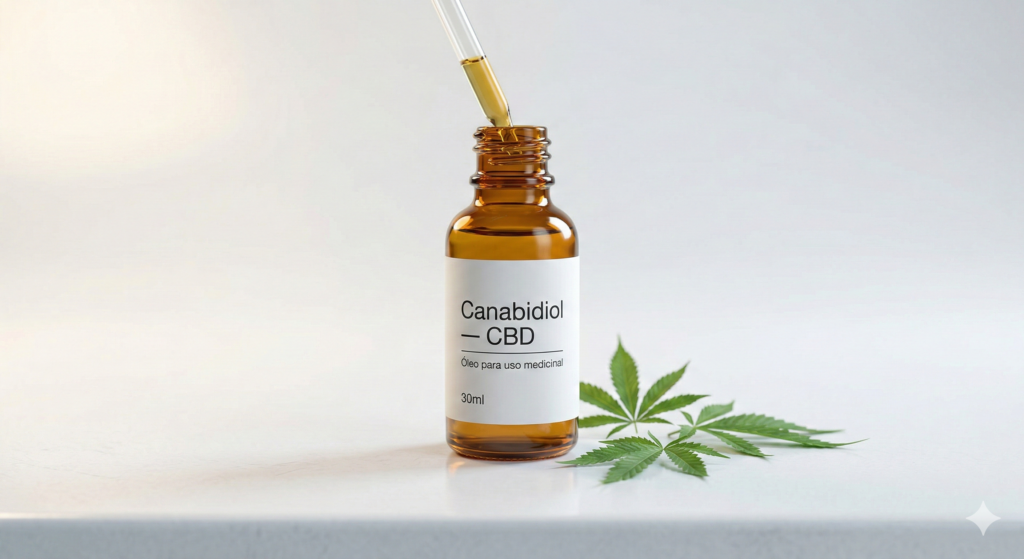 Frasco de óleo de canabidiol (CBD) sobre superfície clínica branca, representando o uso da cannabis medicinal no tratamento complementar da ELA