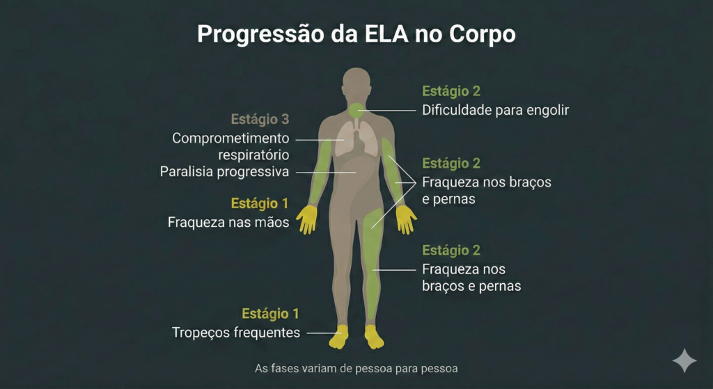 Infográfico mostrando as áreas do corpo afetadas pela Esclerose Lateral Amiotrófica em três fases fraqueza nas mãos e pés, comprometimento dos braços e