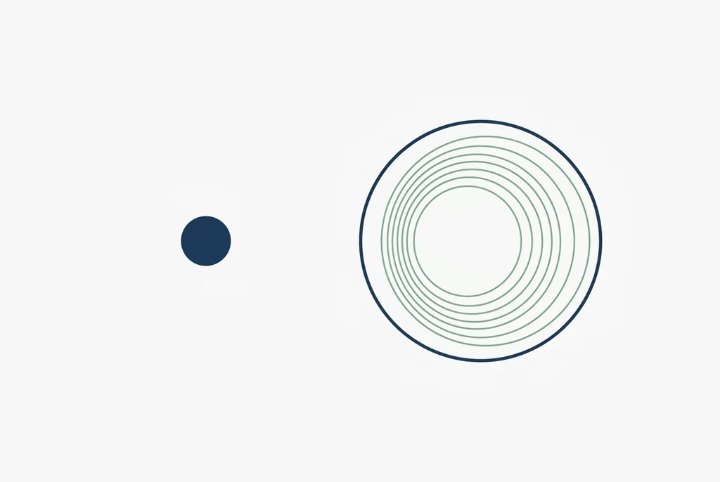 Ilustração abstrata com dois círculos: um pequeno círculo azul cheio e, ao lado, um círculo maior formado por anéis concêntricos verdes, representando de forma esquemática duas condições distintas.