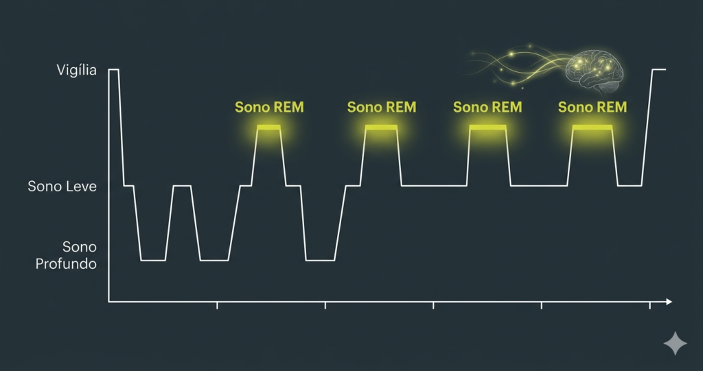 Infográfico do ciclo do sono mostrando as fases vigília, sono leve,
sono profundo e sono REM destacado em amarelo-verde.
