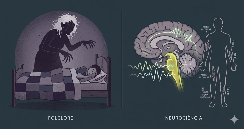 Ilustração comparativa entre a lenda folclórica da Pisadeira e a
explicação científica da paralisia do sono pelo sono REM.