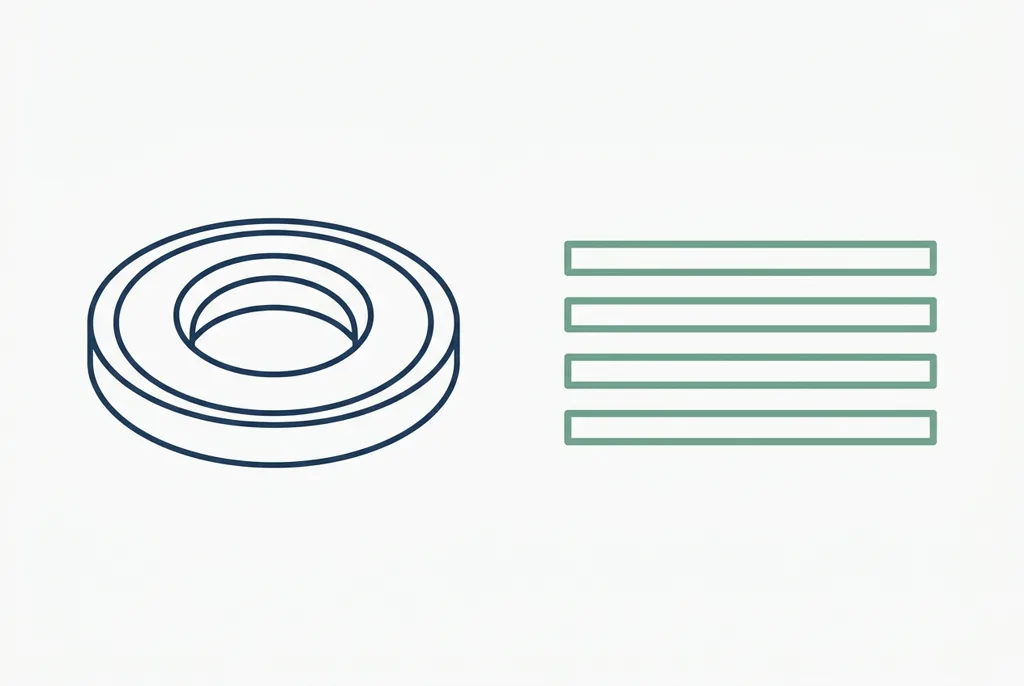 Ilustração abstrata com duas formas geométricas lado a lado: à esquerda um anel azul em perspectiva e à direita quatro barras verdes paralelas empilhadas, representando de forma esquemática dois métodos de imagem diferentes.
