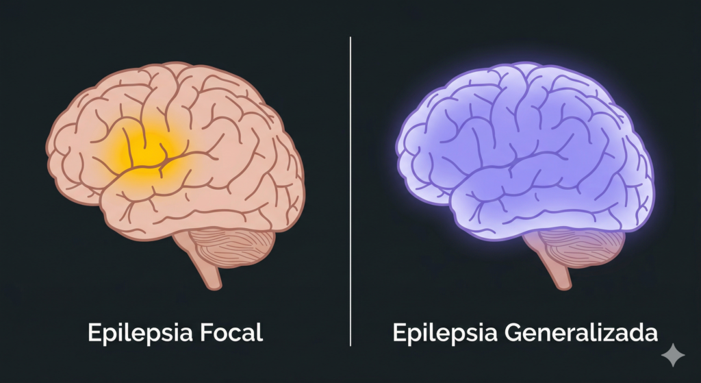 Infográfico comparativo entre epilepsia focal com descarga em um hemisfério e epilepsia generalizada com descarga em ambos os hemisférios cerebrais.