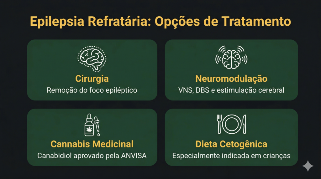 Infográfico com os 4 caminhos de tratamento para epilepsia refratária: cirurgia, neuromodulação, cannabis medicinal e dieta cetogênica.