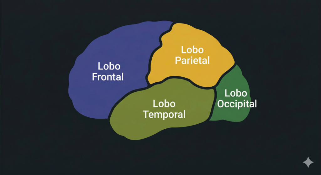 Ilustração médica dos 4 lobos cerebrais coloridos individualmente, identificando as regiões de origem da epilepsia focal.