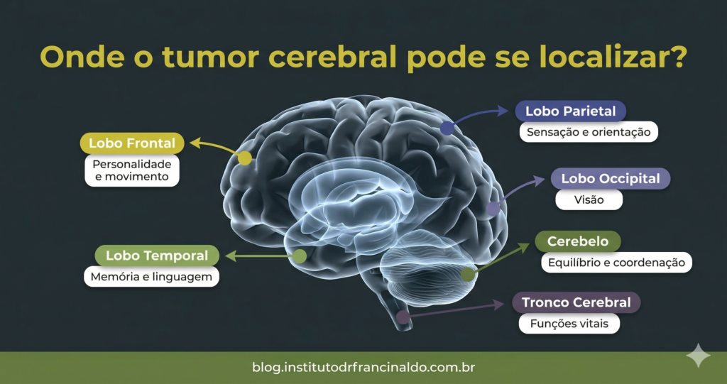 Ilustração anatômica do cérebro humano indicando as seis regiões
onde tumores cerebrais podem se localizar: lobo frontal, temporal,
parietal, occipital, cerebelo e tronco cerebral