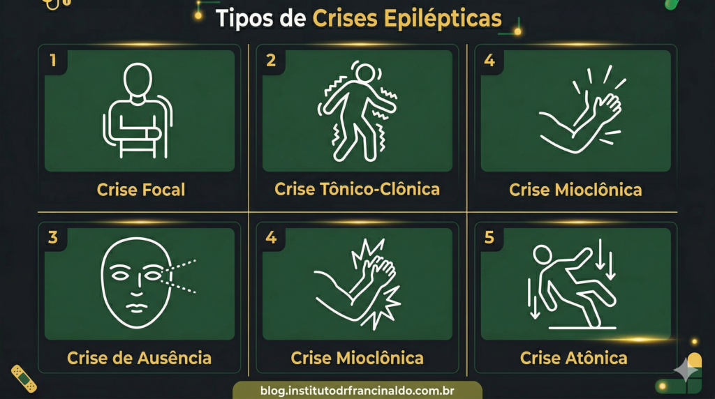 Infográfico com os 5 tipos de crises epilépticas segundo a classificação ILAE 2025: focal, tônico-clônica, ausência, mioclônica e atônica.