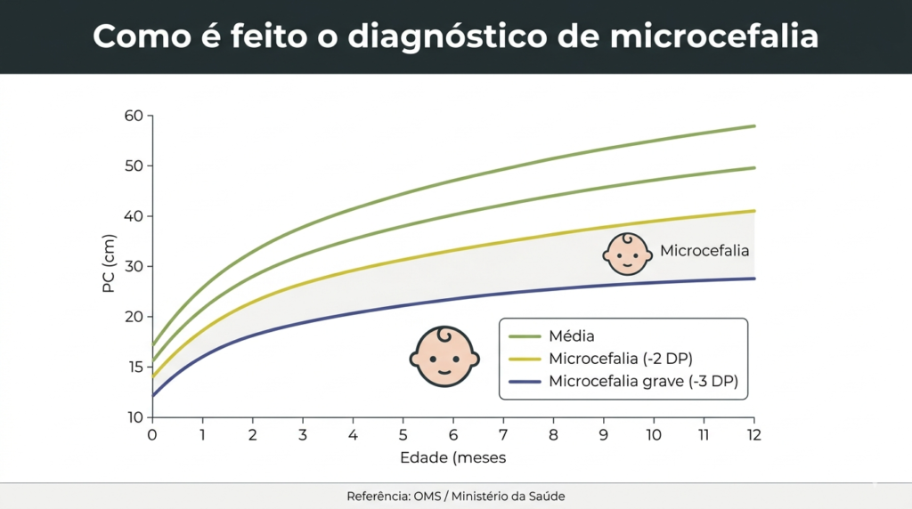 Gráfico ilustrativo do perímetro cefálico e os critérios da OMS para diagnóstico de microcefalia e microcefalia grave.