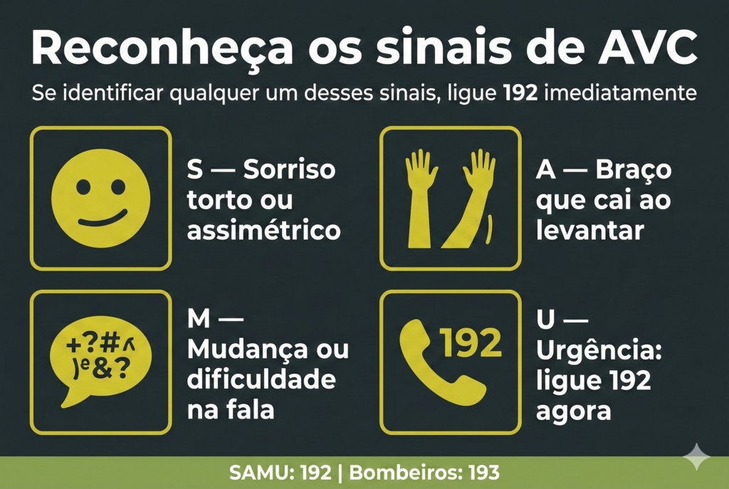 Infográfico do protocolo SAMU para identificar sinais de AVC: sorriso torto, braço que cai, mudança na fala e urgência para ligar 192