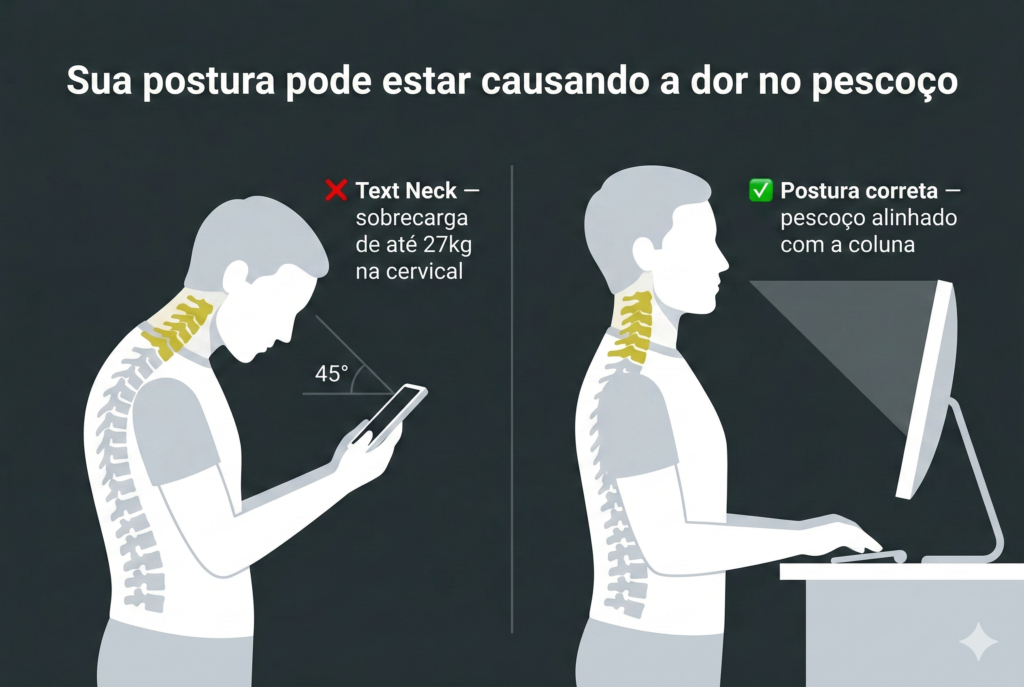 Comparativo de postura correta e incorreta ao usar celular e computador, mostrando o impacto do text neck na coluna cervical e como prevenir a dor no pescoço